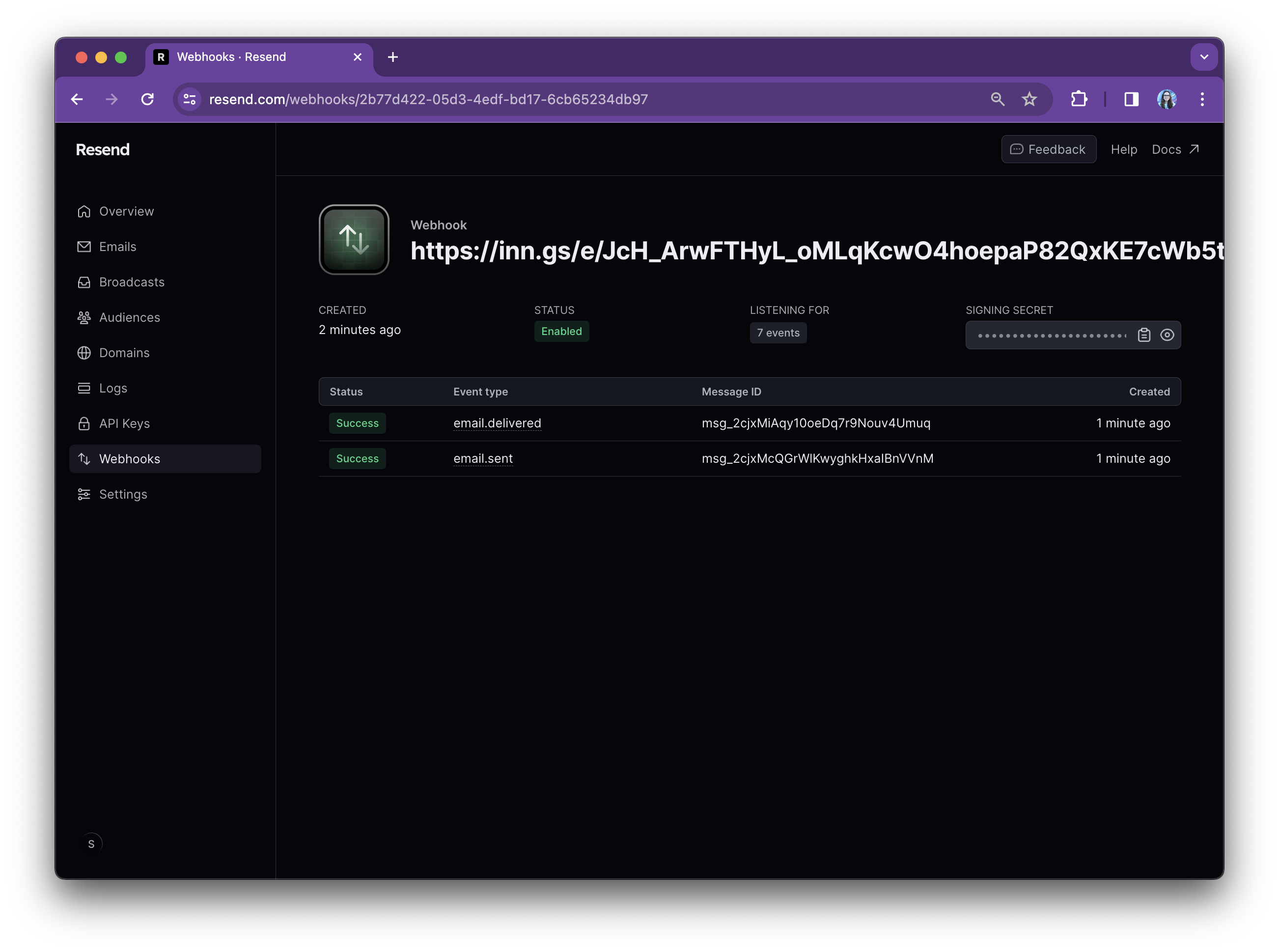 The webhook page on the Resend dashboard now featuring one connected webhook and two events.